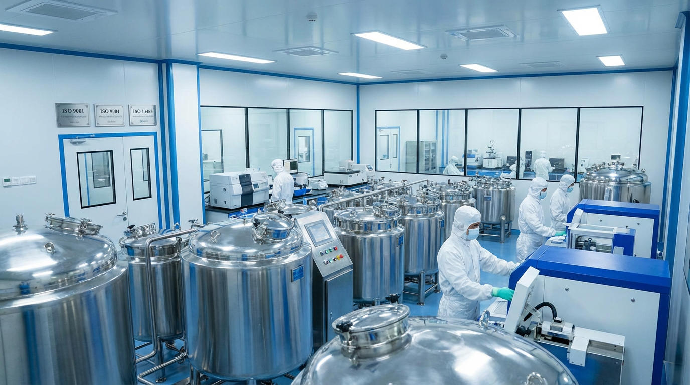 GMP-Konformität bei Edelstahlbehältern: Professionelle Pharmaproduktion mit GMP-zertifizierten Edelstahlbehältern in Reinraumumgebung. EHEDG-konformes Hygienic Design. BOLZ INTEC Qualitätssicherung für sterile API-Herstellung. Geschweißte Edelstahltanks mit polierten Oberflächen nach EU GMP Annex 1 und FDA 21 CFR Part 211.