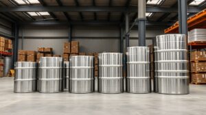 Verschiedene Größen von Edelstahlfässern von 20 bis 500 Liter