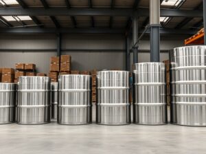 Verschiedene Größen von Edelstahlfässern von 20 bis 500 Liter