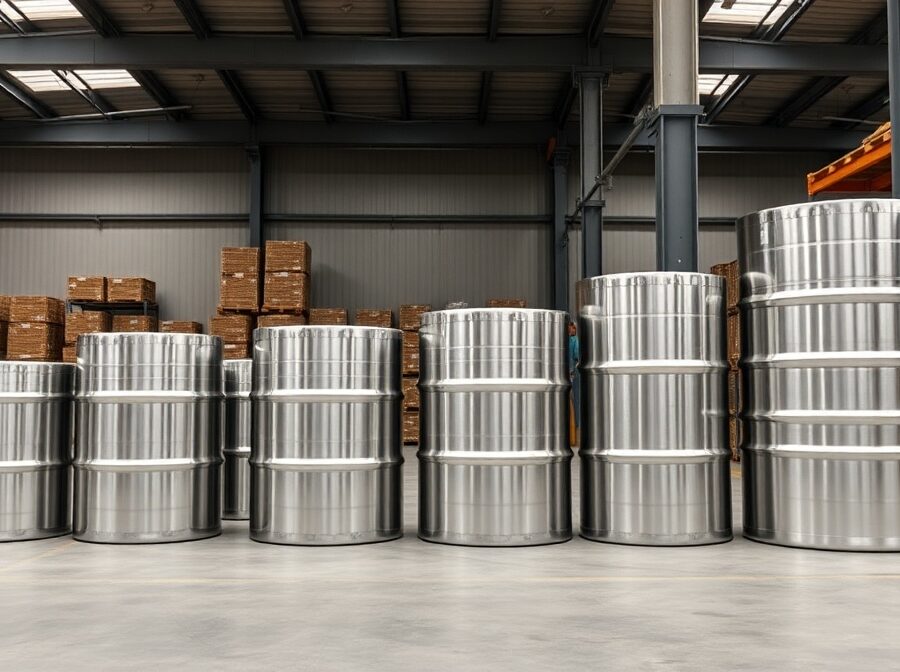 Verschiedene Größen von Edelstahlfässern von 20 bis 500 Liter