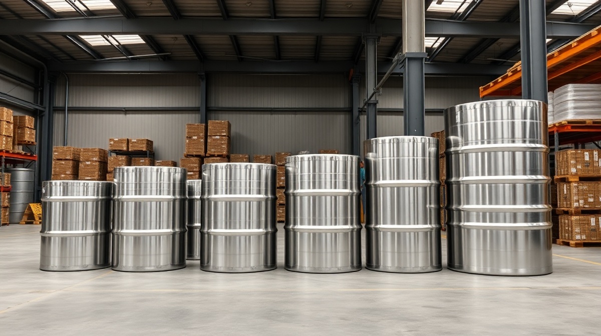 Verschiedene Größen von Edelstahlfässern von 20 bis 500 Liter
