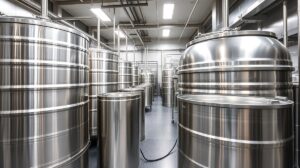 Edelstahlfässer in einer modernen Lebensmittelproduktion