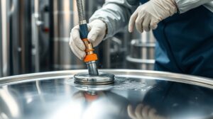 Professionelle Reinigung eines Edelstahlfasses in industrieller Umgebung